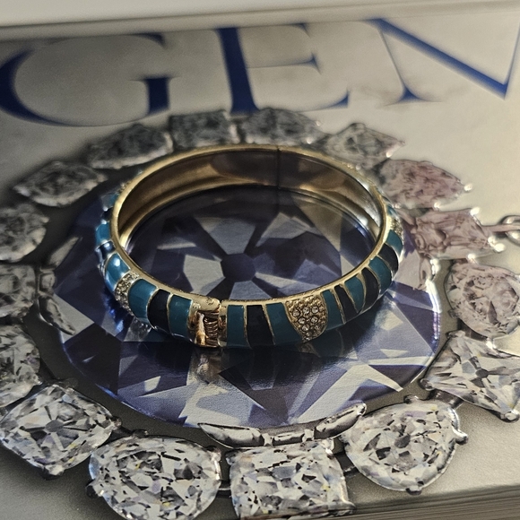 Vintage Gold Tone Sequin Enamel & Rhinestone Cuff Clamper Bracelet. - Picture 5 of 14